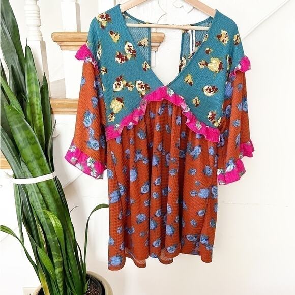 Anthropologie Novelty Orange Blue V-Neck Ruffled Sleep Mini Dress Size XS - Picture 2 of 8